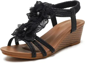 Saralris Wedge Sandals for Women Cutout Peep Toe Mid Heel Rhinestones Fashion Breathable Beach Sandals