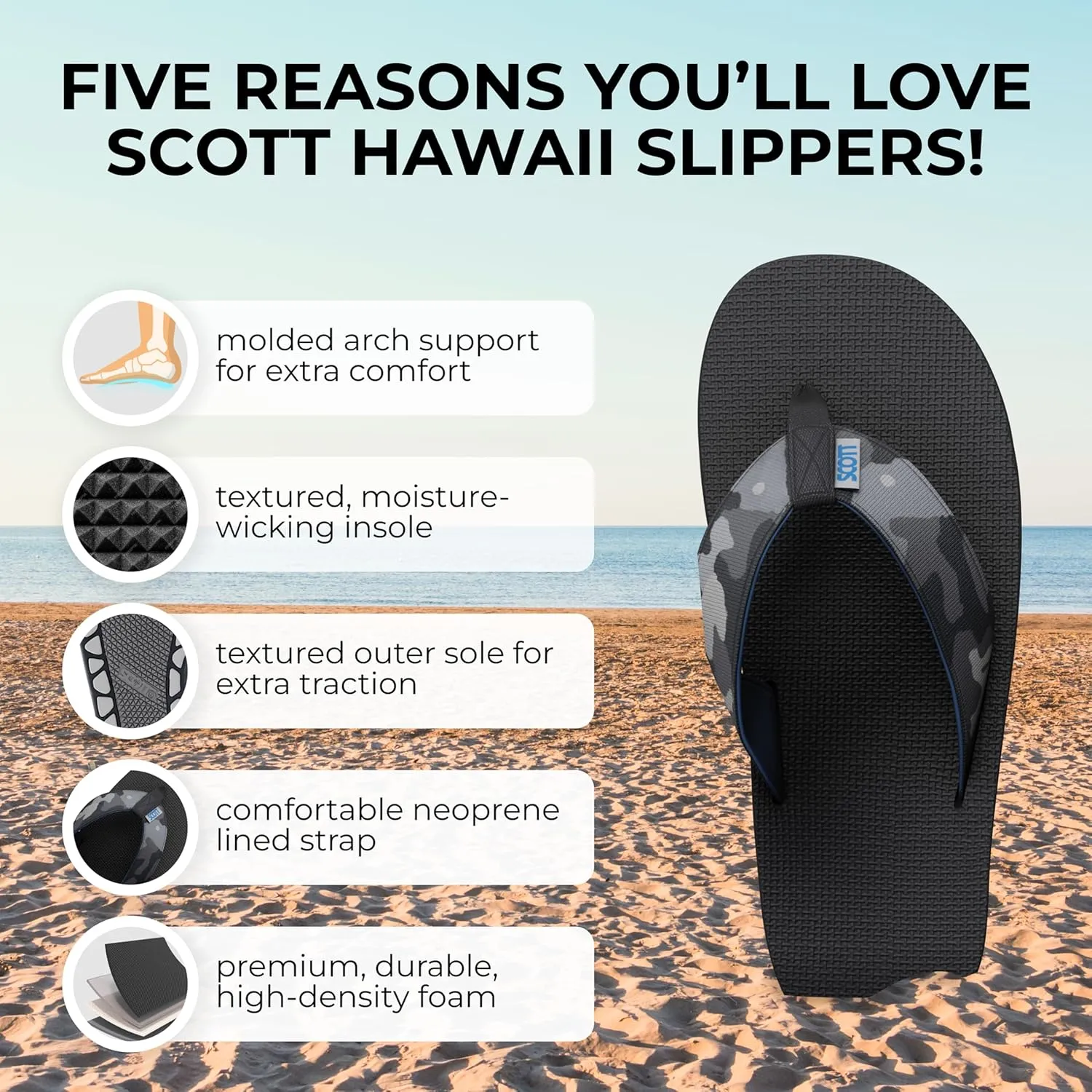 Scott Hawaii Men's Manoa Sandal | All Terrain Tread Outsole | Molded Arch With Heel Cup | Neoprene Lined Strap For All Day Comfort | Hiking Flip Flop