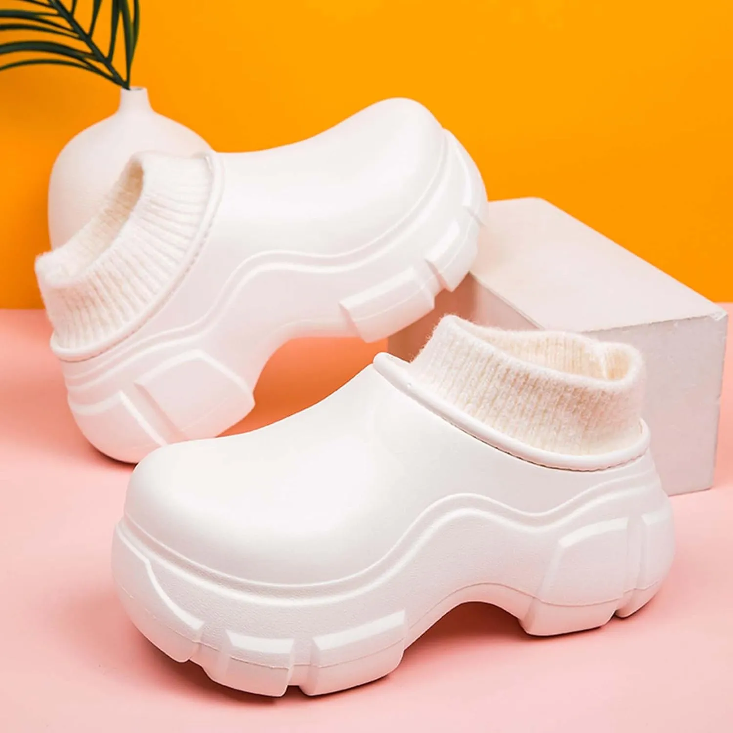 SECHRITE Womens Lined Platform Clogs 2 Inchs Hight Heels Slippers Winter Warm Wedge Mules Clog