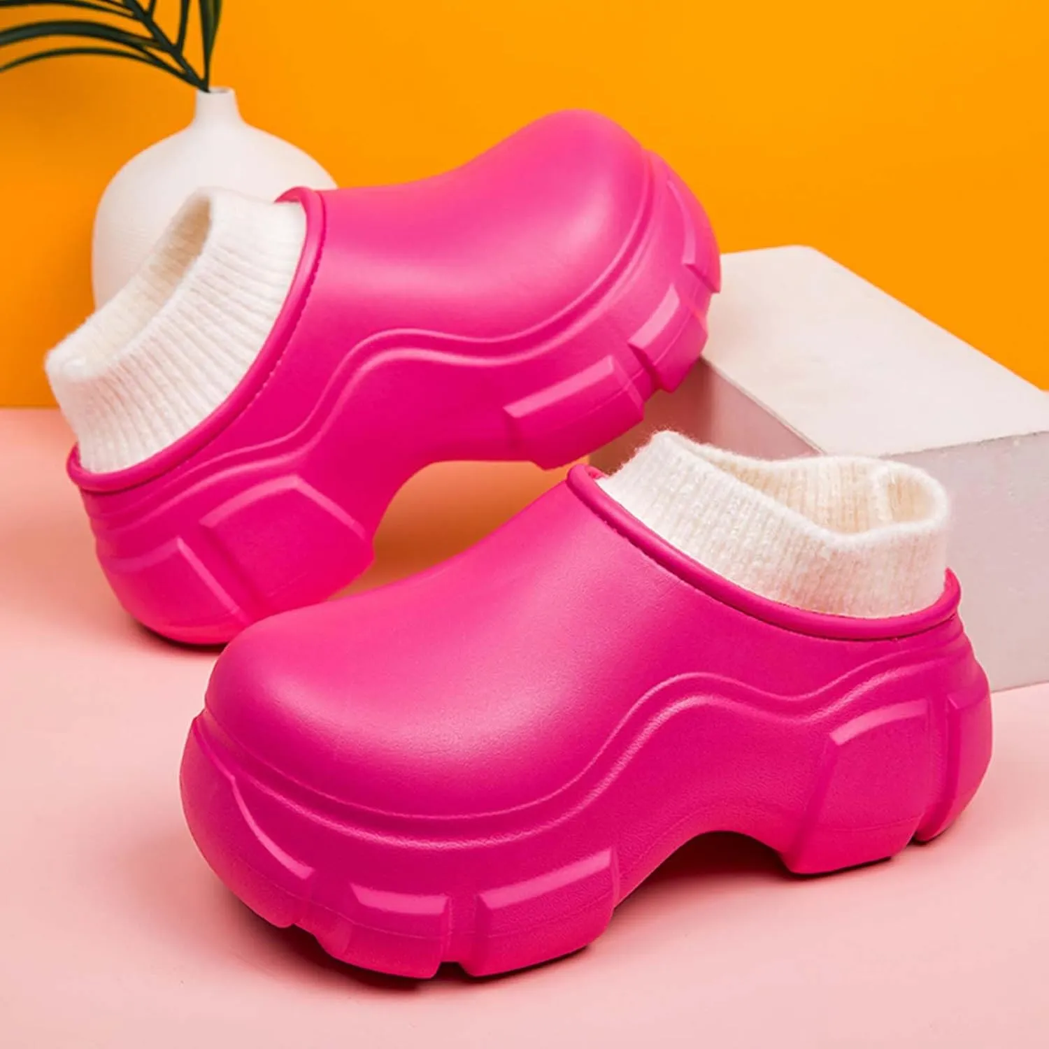 SECHRITE Womens Lined Platform Clogs 2 Inchs Hight Heels Slippers Winter Warm Wedge Mules Clog