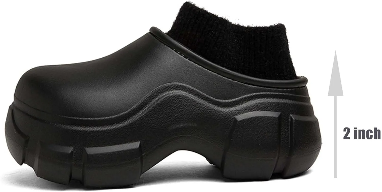 SECHRITE Womens Lined Platform Clogs 2 Inchs Hight Heels Slippers Winter Warm Wedge Mules Clog