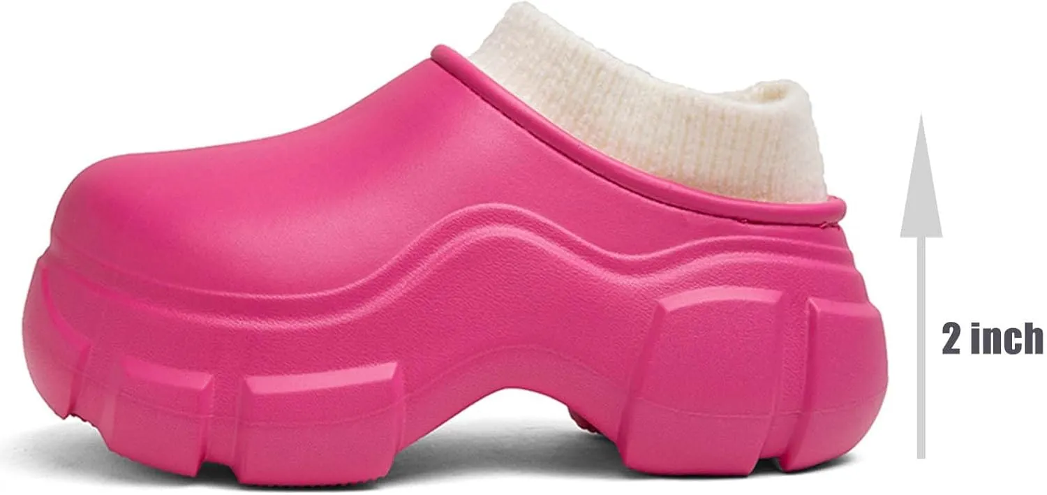SECHRITE Womens Lined Platform Clogs 2 Inchs Hight Heels Slippers Winter Warm Wedge Mules Clog