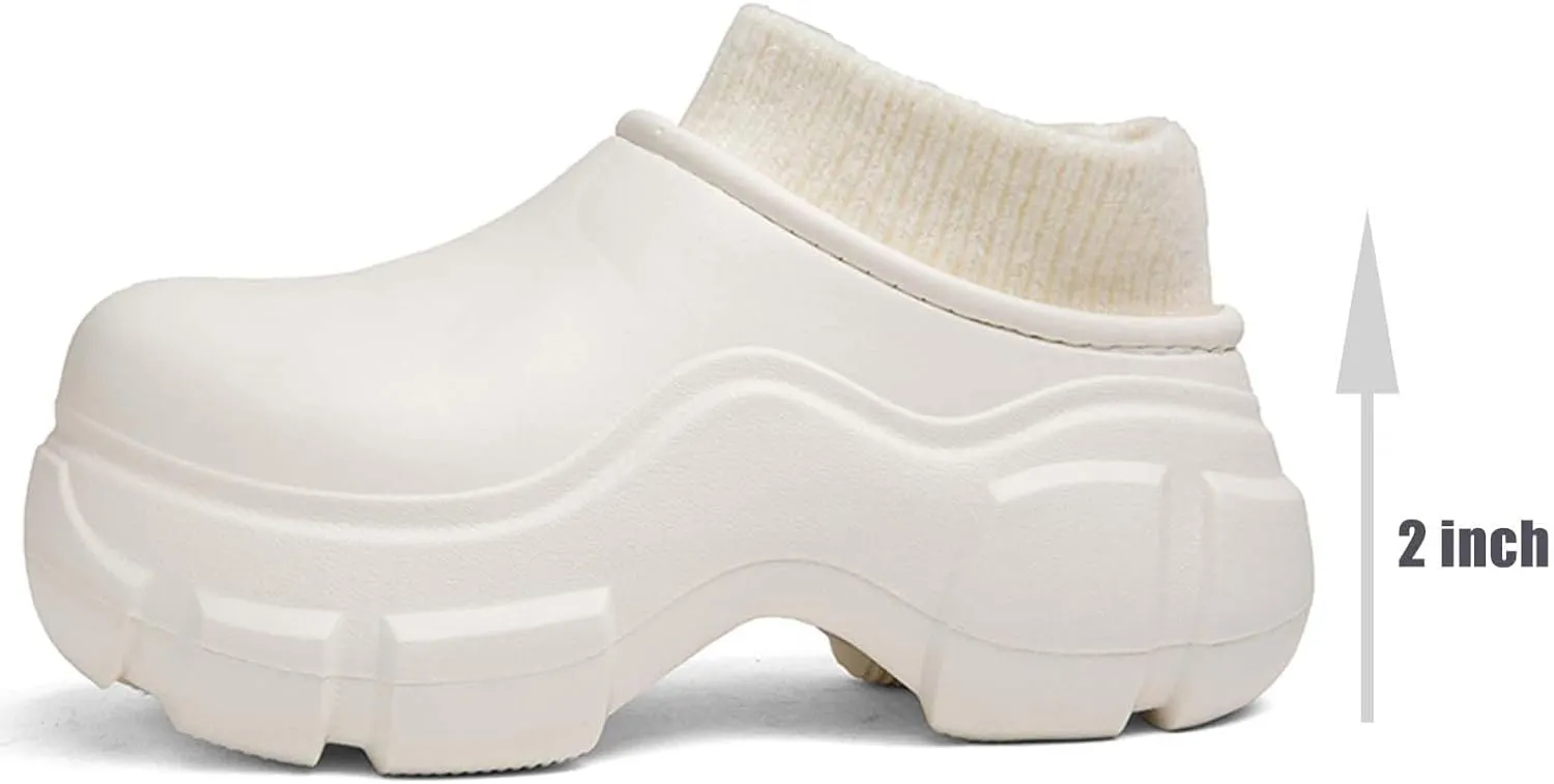 SECHRITE Womens Lined Platform Clogs 2 Inchs Hight Heels Slippers Winter Warm Wedge Mules Clog