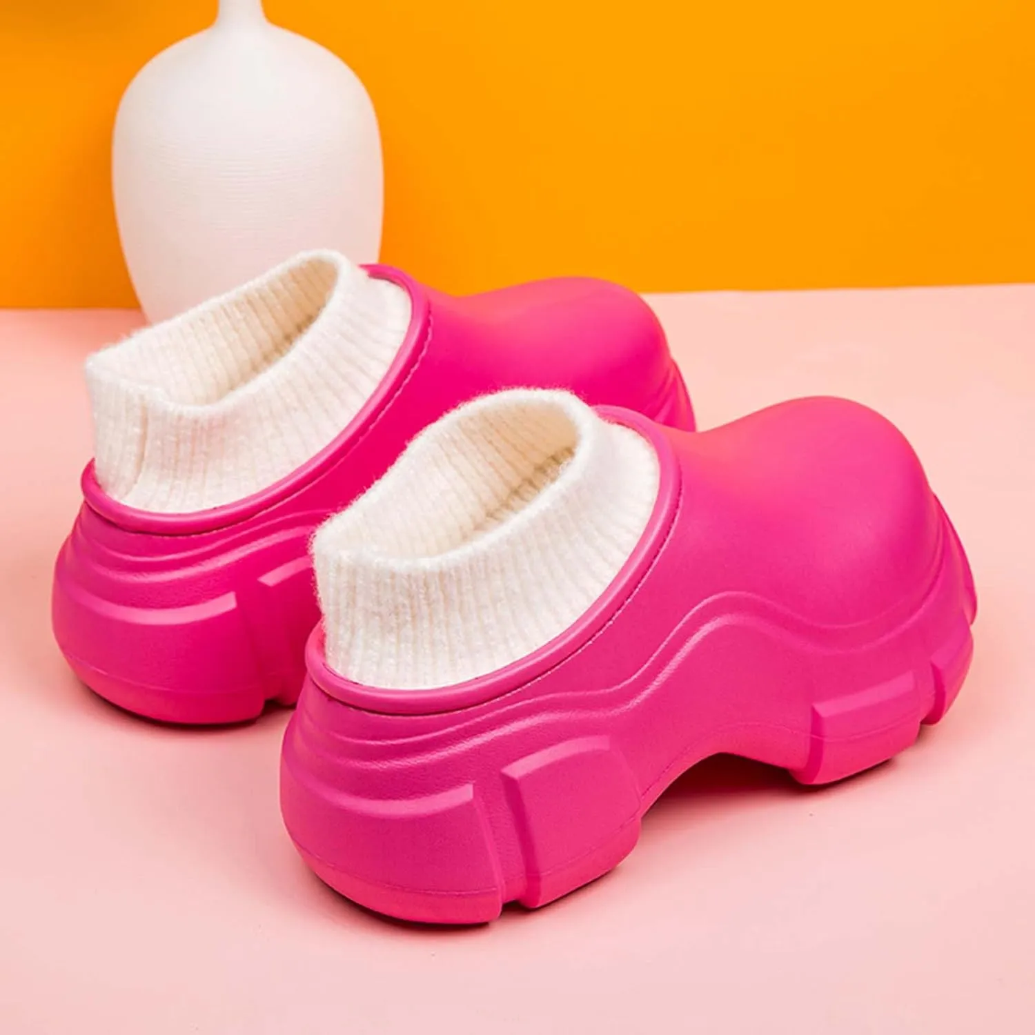 SECHRITE Womens Lined Platform Clogs 2 Inchs Hight Heels Slippers Winter Warm Wedge Mules Clog