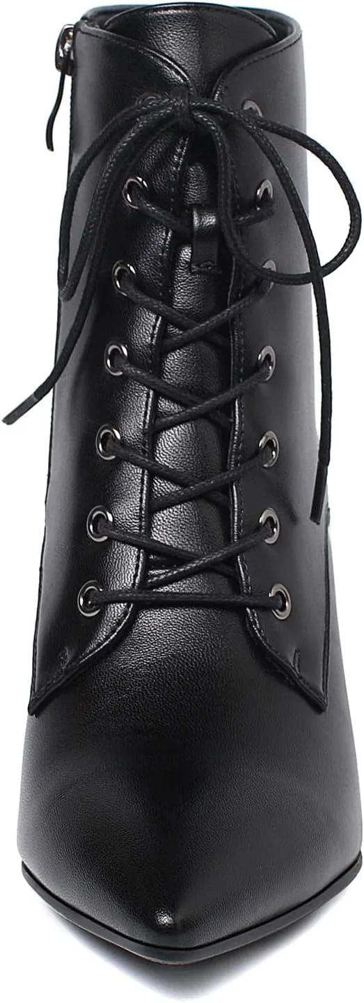 SEIFIN Women's Kitten Heels Lace Up Ankle Boots Low Mid Heeled Side Zipper Short Booties Pointed-Toe Shoes