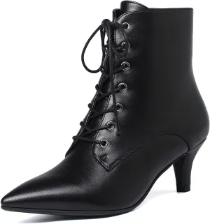 SEIFIN Women's Kitten Heels Lace Up Ankle Boots Low Mid Heeled Side Zipper Short Booties Pointed-Toe Shoes