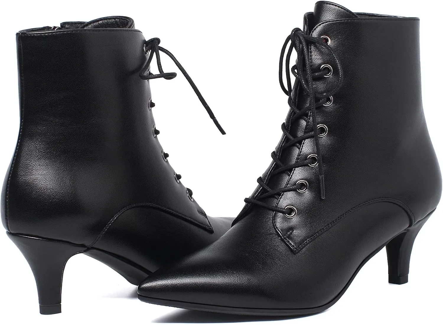 SEIFIN Women's Kitten Heels Lace Up Ankle Boots Low Mid Heeled Side Zipper Short Booties Pointed-Toe Shoes