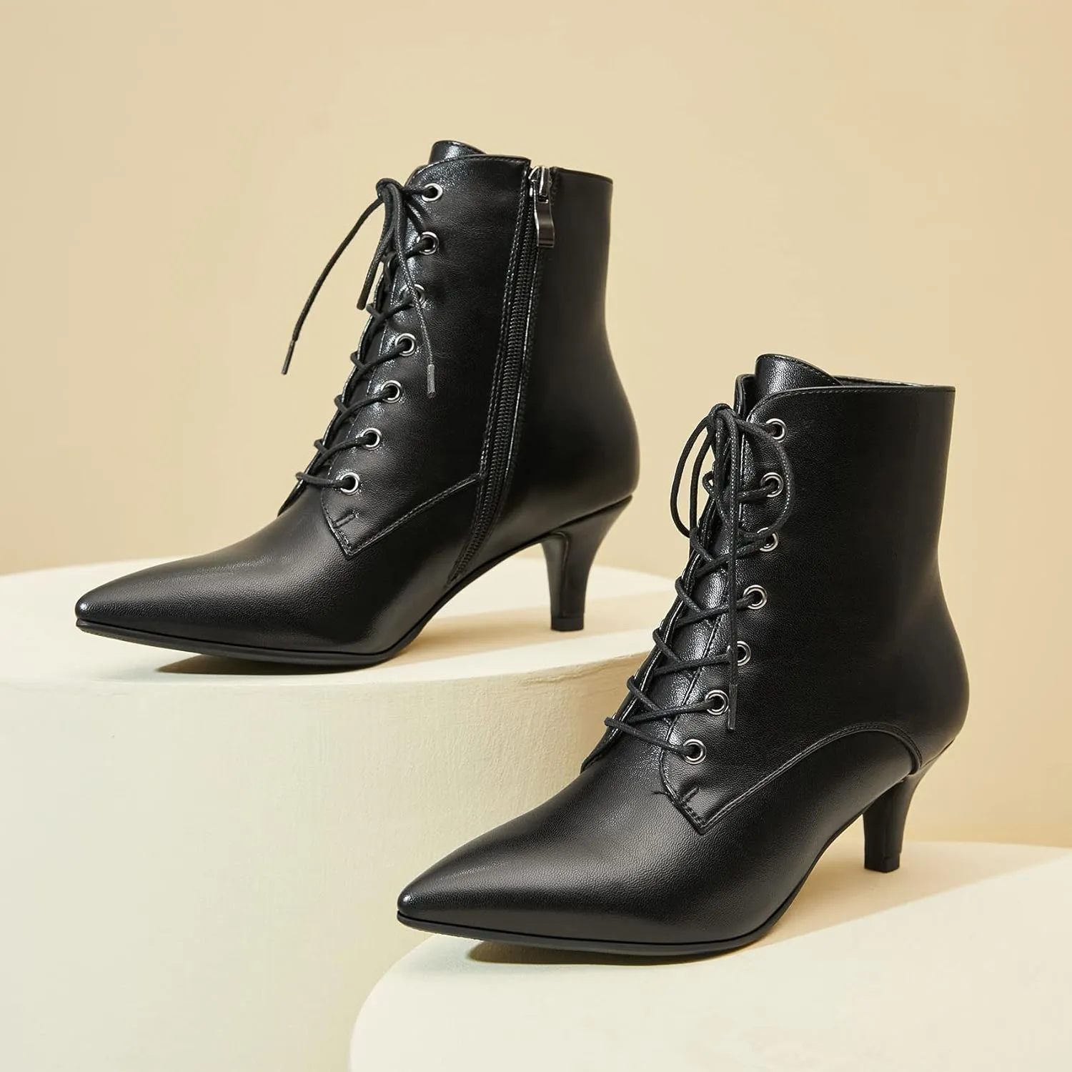 SEIFIN Women's Kitten Heels Lace Up Ankle Boots Low Mid Heeled Side Zipper Short Booties Pointed-Toe Shoes