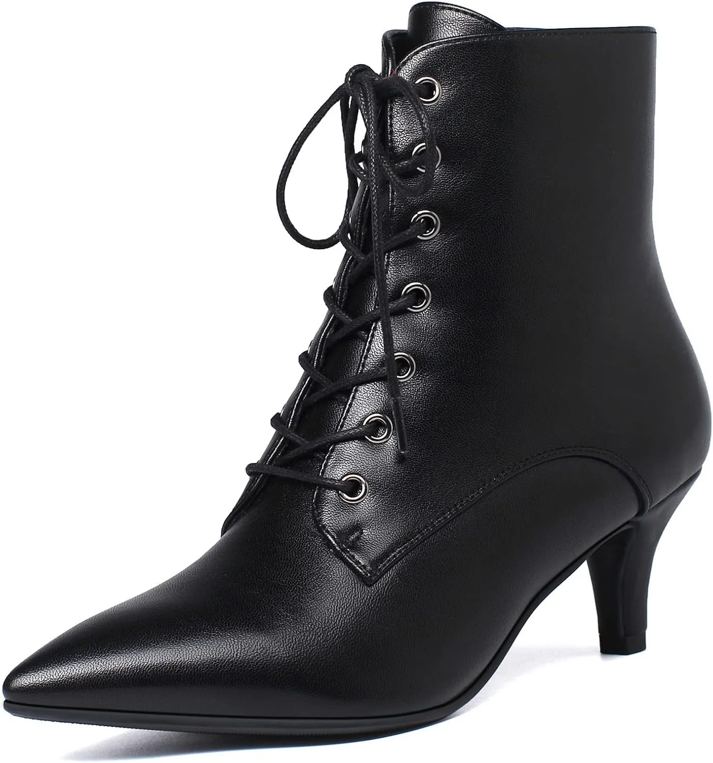 SEIFIN Women's Kitten Heels Lace Up Ankle Boots Low Mid Heeled Side Zipper Short Booties Pointed-Toe Shoes