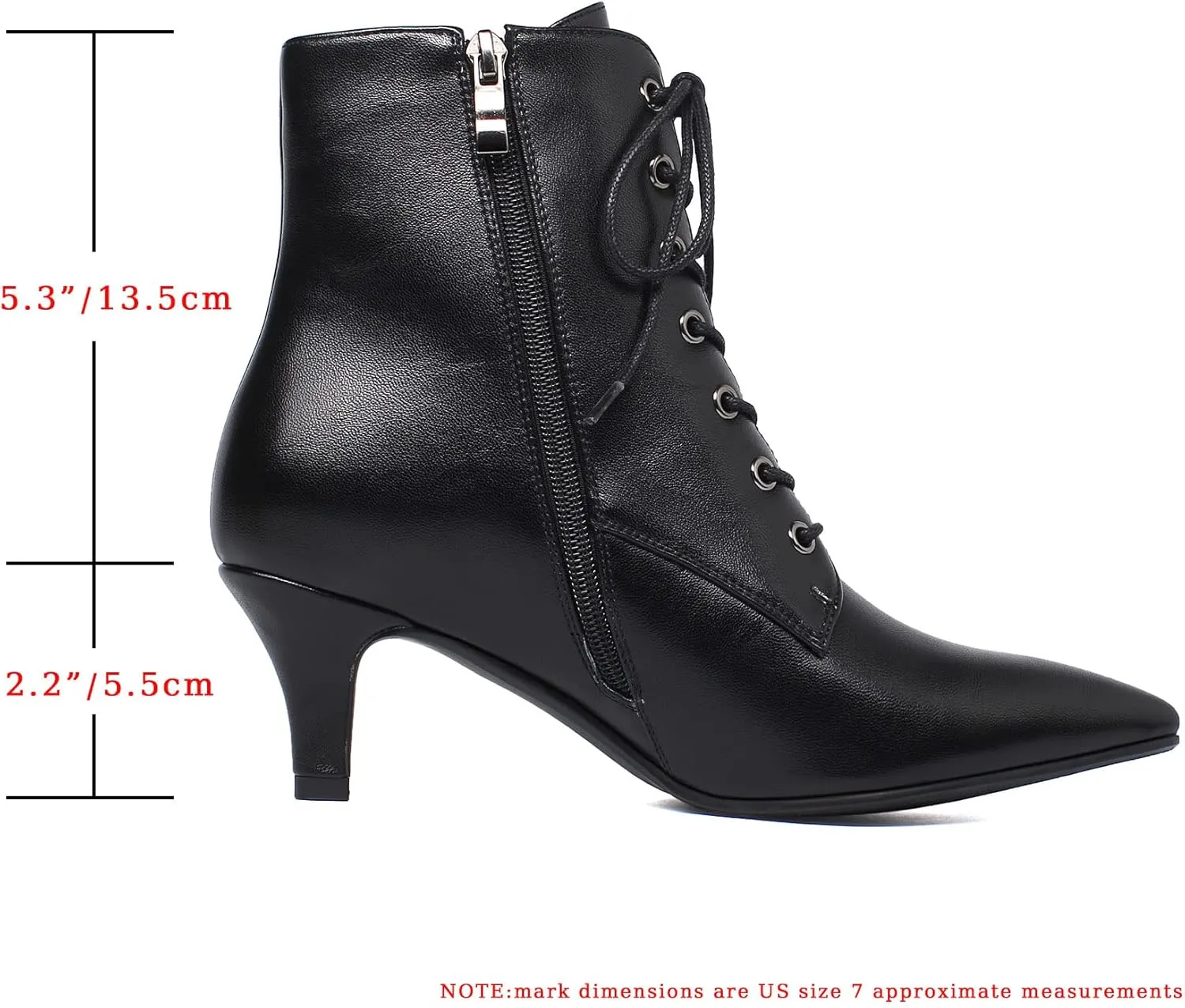 SEIFIN Women's Kitten Heels Lace Up Ankle Boots Low Mid Heeled Side Zipper Short Booties Pointed-Toe Shoes