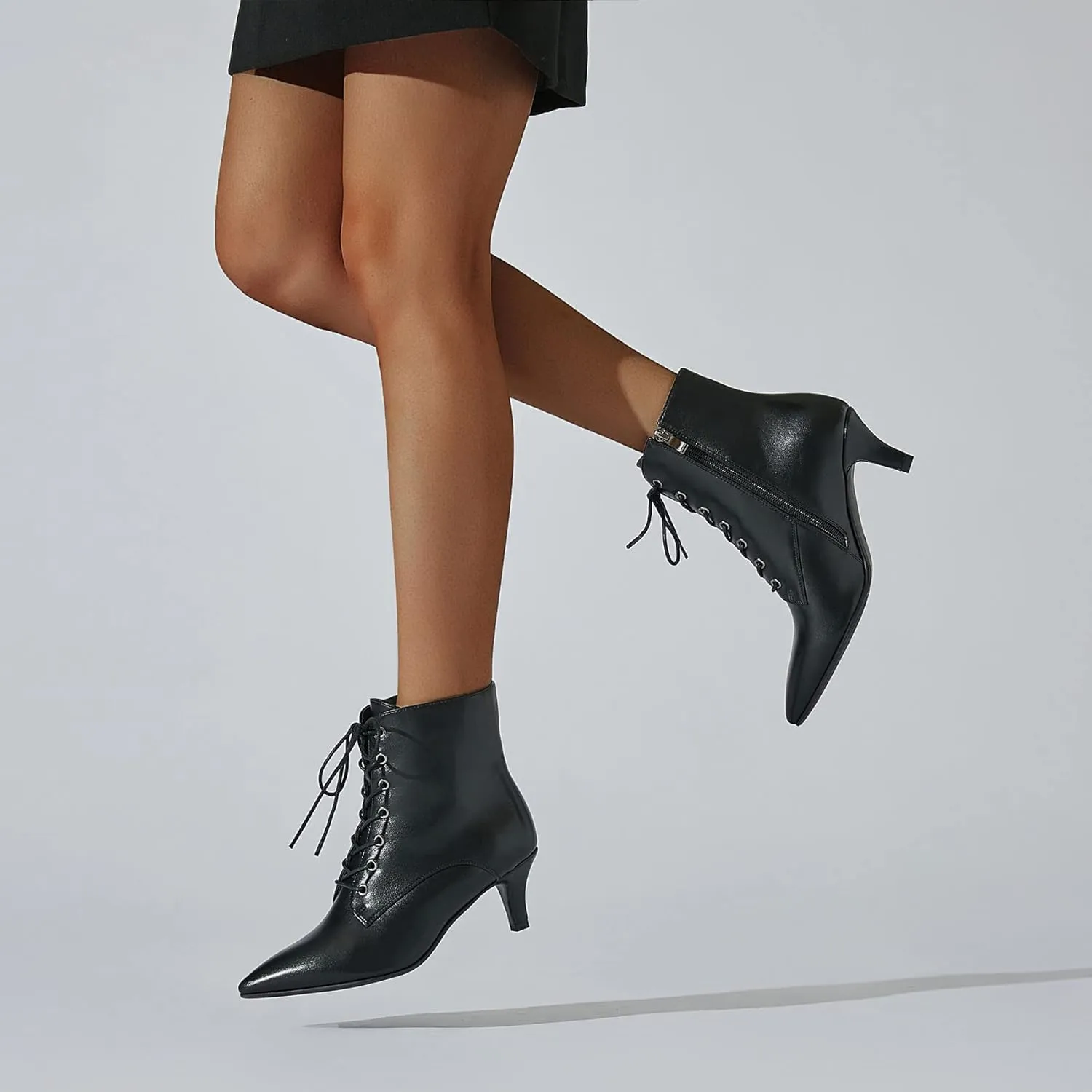 SEIFIN Women's Kitten Heels Lace Up Ankle Boots Low Mid Heeled Side Zipper Short Booties Pointed-Toe Shoes