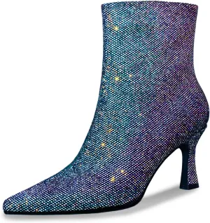 Sequin Ankle Boots for WomenGlitter Pointed Toe Kitten HeelsSparkly Dress Booties for Holiday Party or Night Out