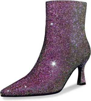 Sequin Ankle Boots for WomenGlitter Pointed Toe Kitten HeelsSparkly Dress Booties for Holiday Party or Night Out
