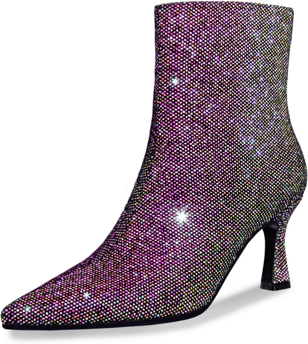 Sequin Ankle Boots for WomenGlitter Pointed Toe Kitten HeelsSparkly Dress Booties for Holiday Party or Night Out