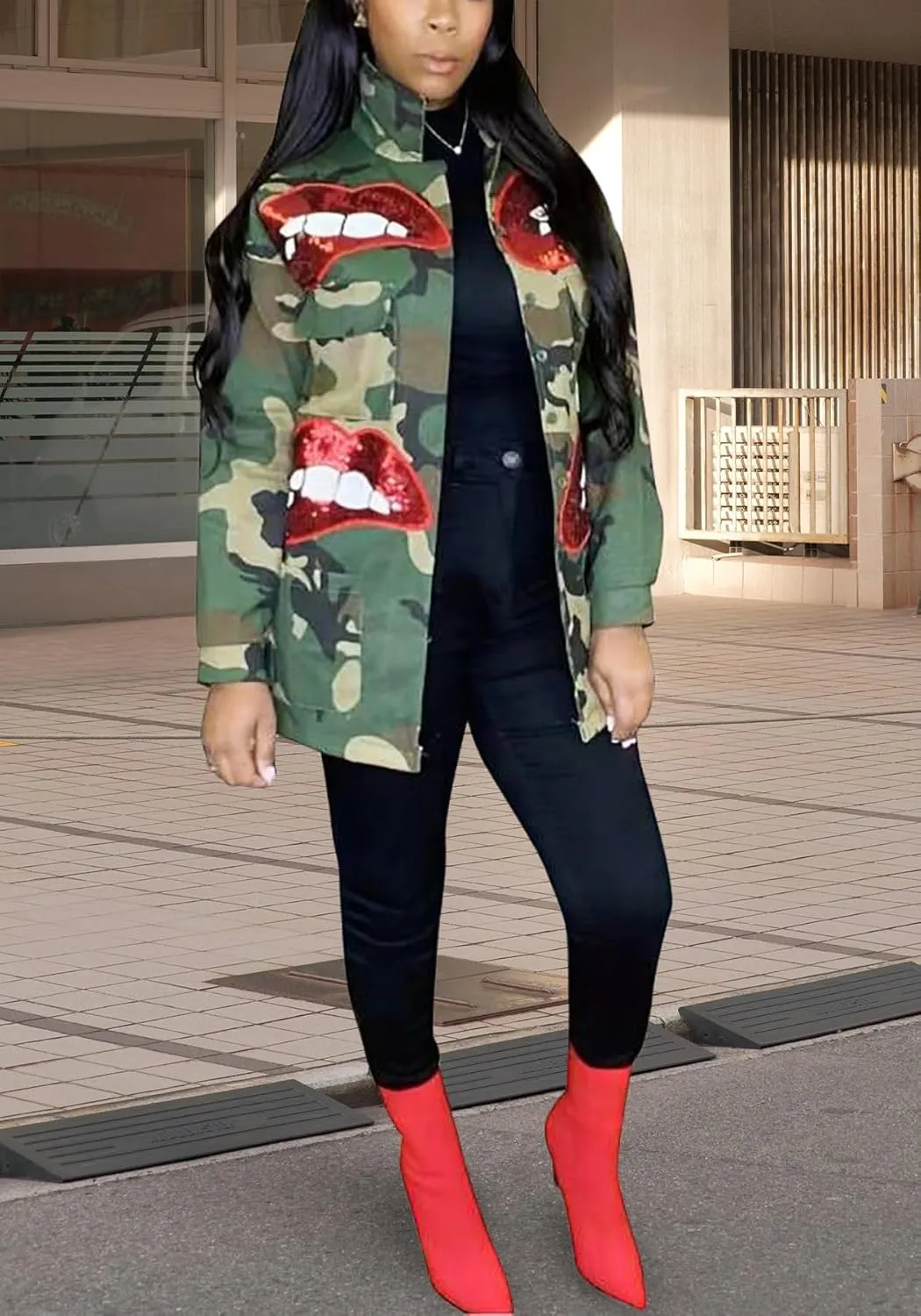 Sexy Camouflage Jacket for Women Army Fatigue Long Cargo Jackets Trench Coat Plus Size