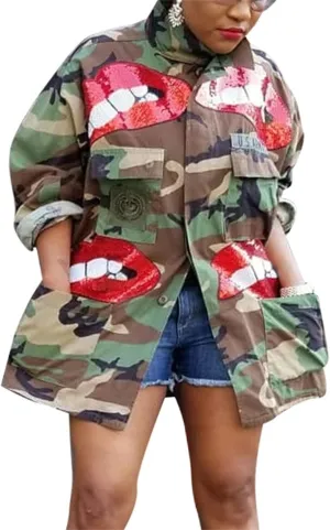 Sexy Camouflage Jacket for Women Army Fatigue Long Cargo Jackets Trench Coat Plus Size