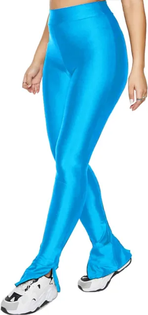 Sghenr Women's Stretchy Side Split Hem Flare Pants Skinny Shiny Mid-Waist Club Party Daily Casual Tights Leggings