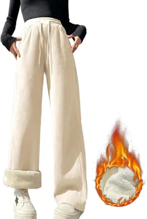 Sherpa Lined Fleece Sweatpants Women Baggy Wide Leg Lounge Pants Loose Stretchy Casual Pants(Apricot,M)