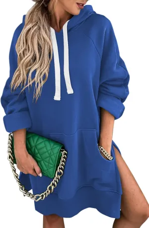 SHEWIN Women's Oversized Casual Pullover Long Sleeve Split Hem Drawstring Hoodies Dress With Kangaroo Pocket