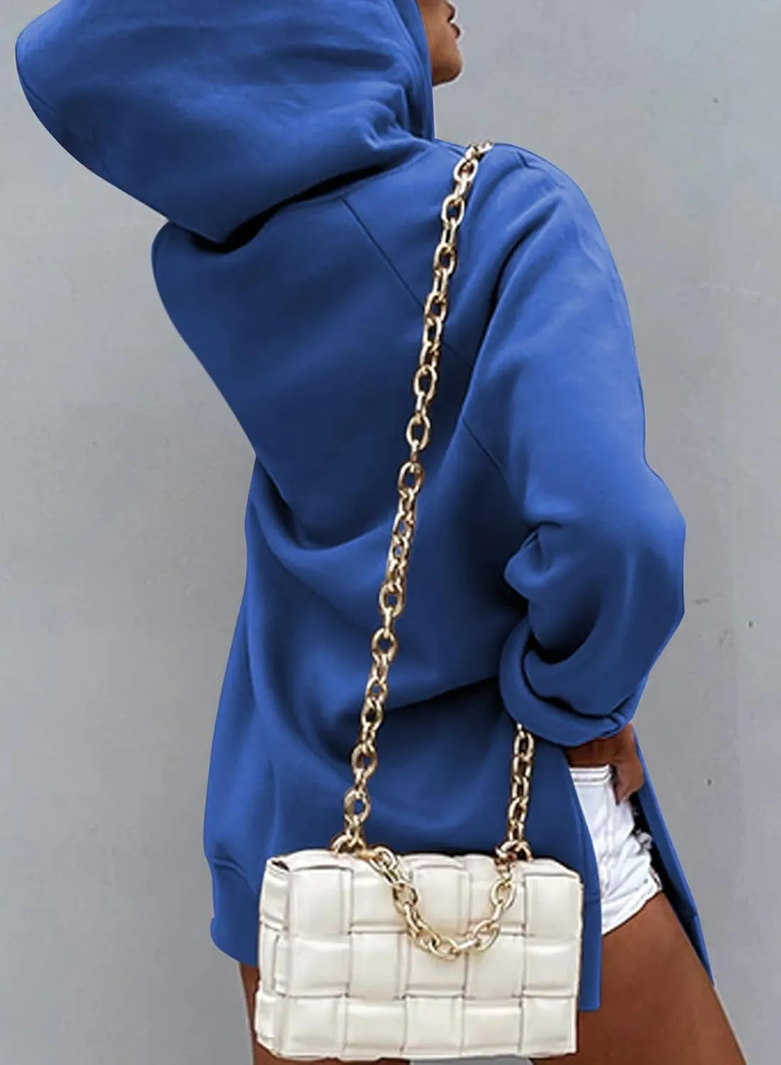 SHEWIN Women's Oversized Casual Pullover Long Sleeve Split Hem Drawstring Hoodies Dress With Kangaroo Pocket