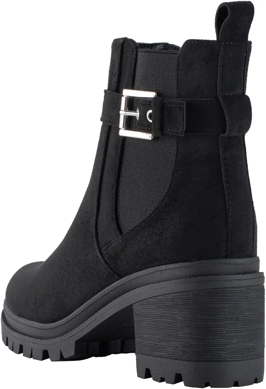 Shoe'N Tale Chelsea Boots for Women Ankle Boots Lug Sole Mid Chunky Heel Platform Round Toe Buckle Slip On Elastic Fashion Comfortable Booties