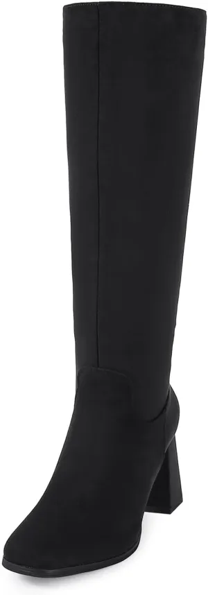 Shoe'N Tale Knee High Boots for Women Square Toe Tall Boots High Chunky Block Heeled Side Zipper