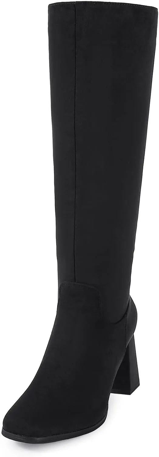 Shoe'N Tale Knee High Boots for Women Square Toe Tall Boots High Chunky Block Heeled Side Zipper