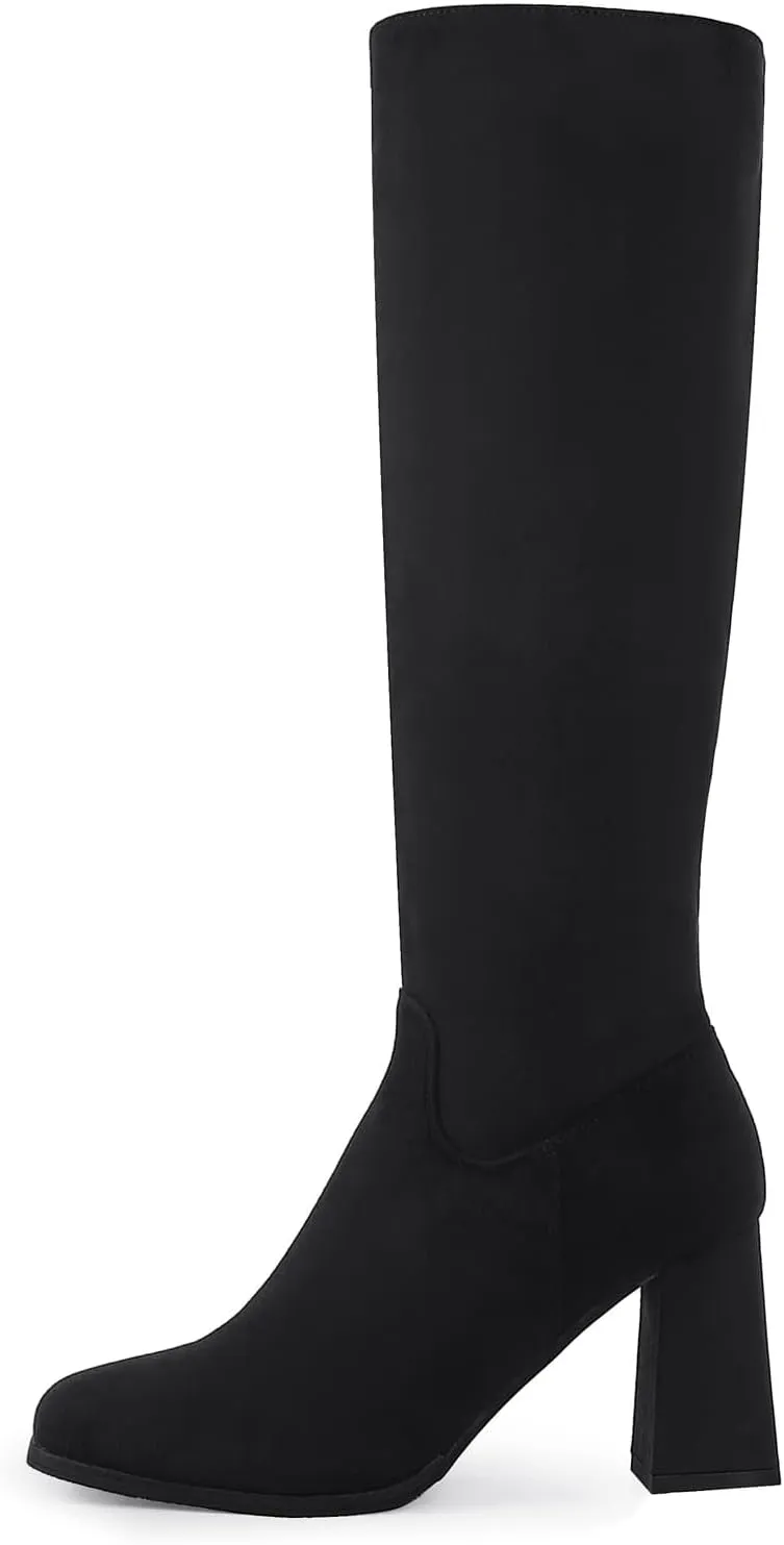 Shoe'N Tale Knee High Boots for Women Square Toe Tall Boots High Chunky Block Heeled Side Zipper
