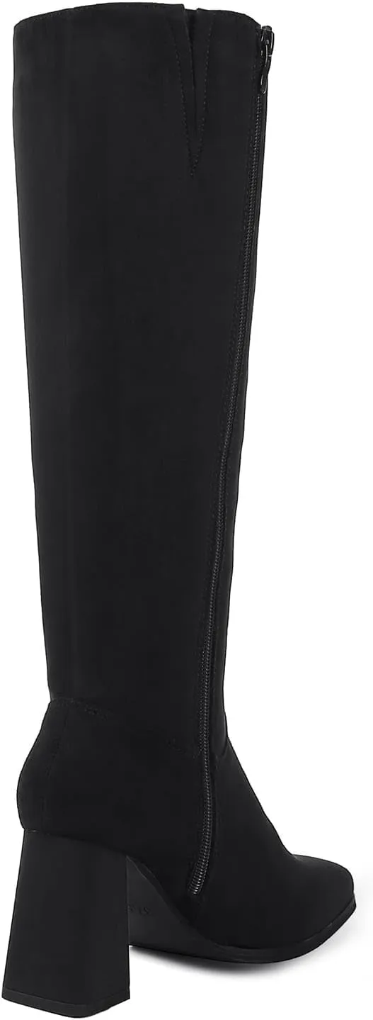 Shoe'N Tale Knee High Boots for Women Square Toe Tall Boots High Chunky Block Heeled Side Zipper
