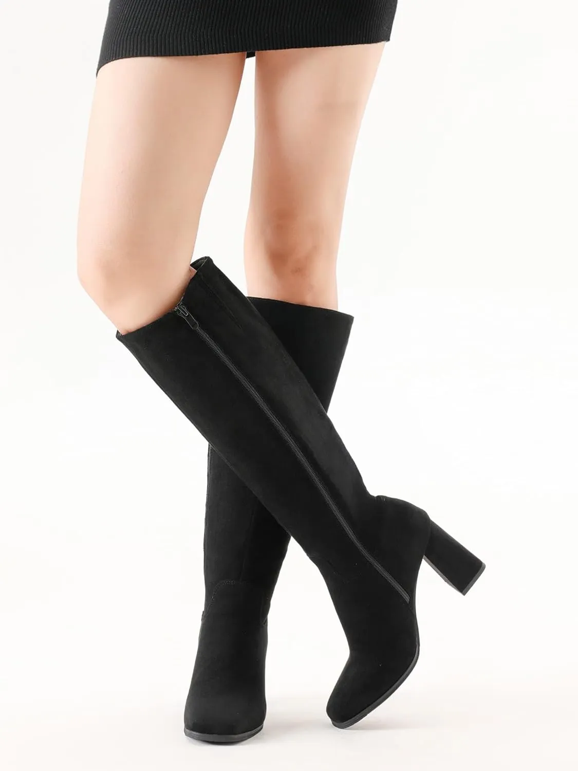 Shoe'N Tale Knee High Boots for Women Square Toe Tall Boots High Chunky Block Heeled Side Zipper