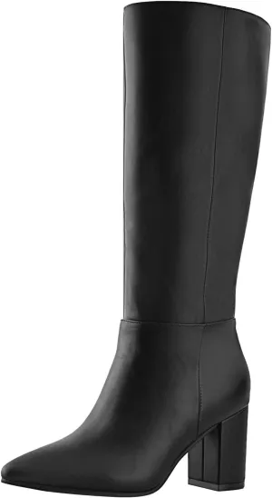 Shoe'N Tale Mid Calf Boots for Women Wide Calf Knee High Boots Chunky Block Heel Fall Winter Pointed Toe Boots