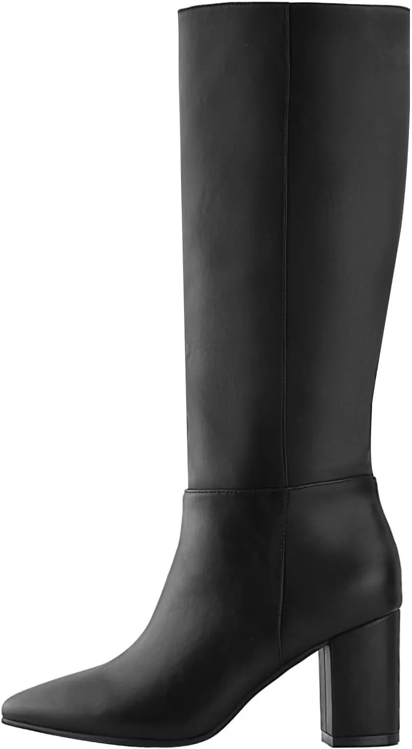 Shoe'N Tale Mid Calf Boots for Women Wide Calf Knee High Boots Chunky Block Heel Fall Winter Pointed Toe Boots