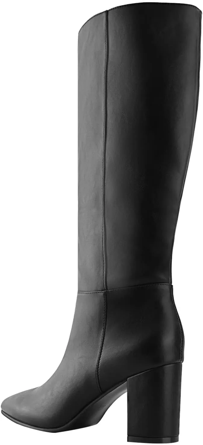 Shoe'N Tale Mid Calf Boots for Women Wide Calf Knee High Boots Chunky Block Heel Fall Winter Pointed Toe Boots