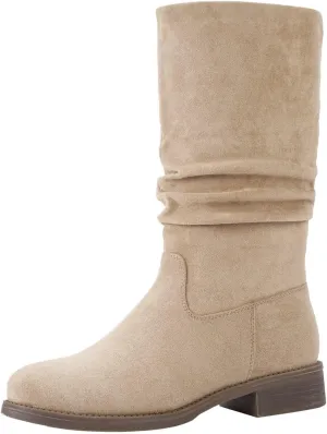 Shoe'N Tale Slouchy Mid Calf Flat Boots for Women Pull On Round Toe Side Zip Fall and Winter Fashion Comfortable Boots