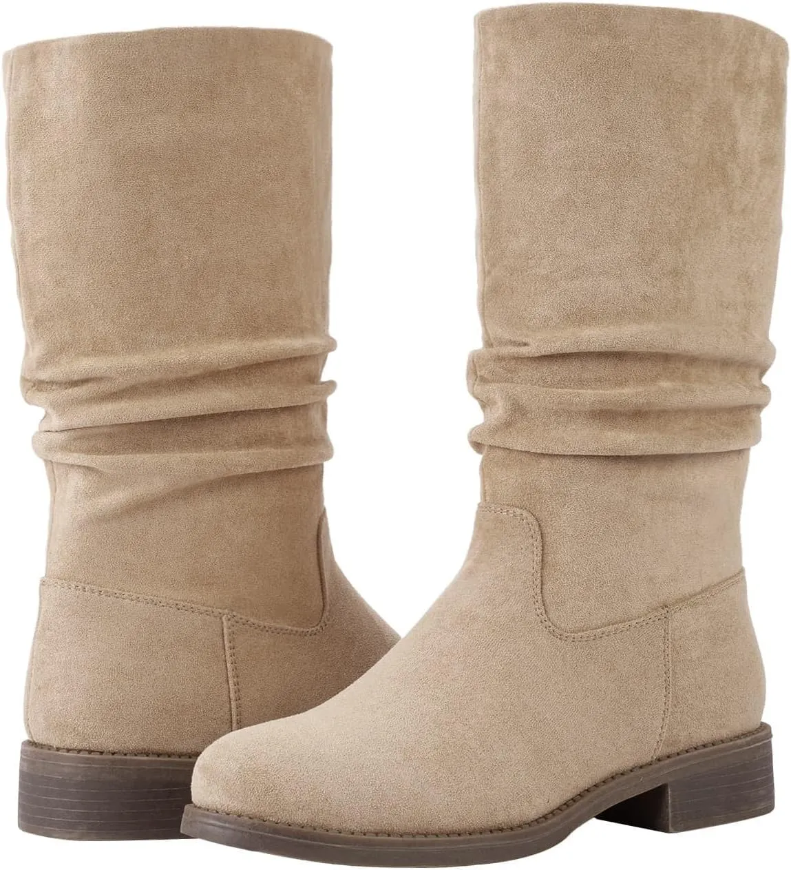 Shoe'N Tale Slouchy Mid Calf Flat Boots for Women Pull On Round Toe Side Zip Fall and Winter Fashion Comfortable Boots