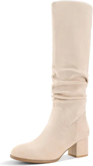 Shoe'N Tale Women's Knee High Boots Chunky Heel Pointed Toe Suede Slouch Winter Shoes with Side Zipper