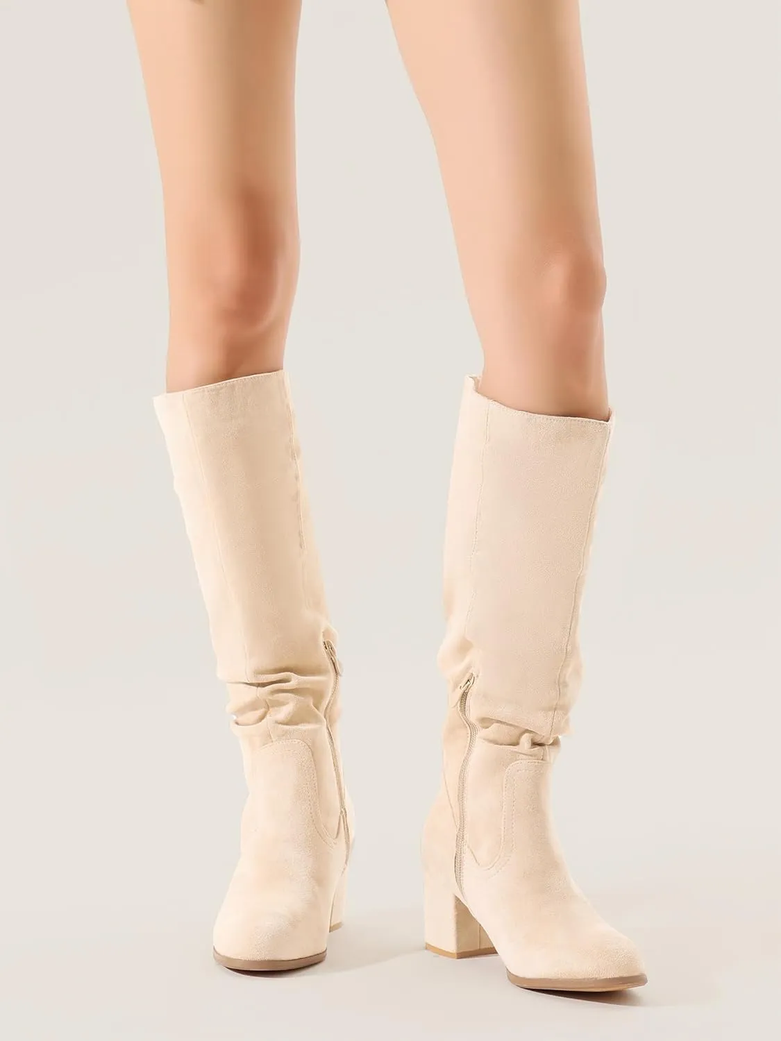 Shoe'N Tale Women's Knee High Boots Chunky Heel Pointed Toe Suede Slouch Winter Shoes with Side Zipper