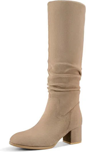 Shoe'N Tale Women's Knee High Boots Chunky Heel Pointed Toe Suede Slouch Winter Shoes with Side Zipper