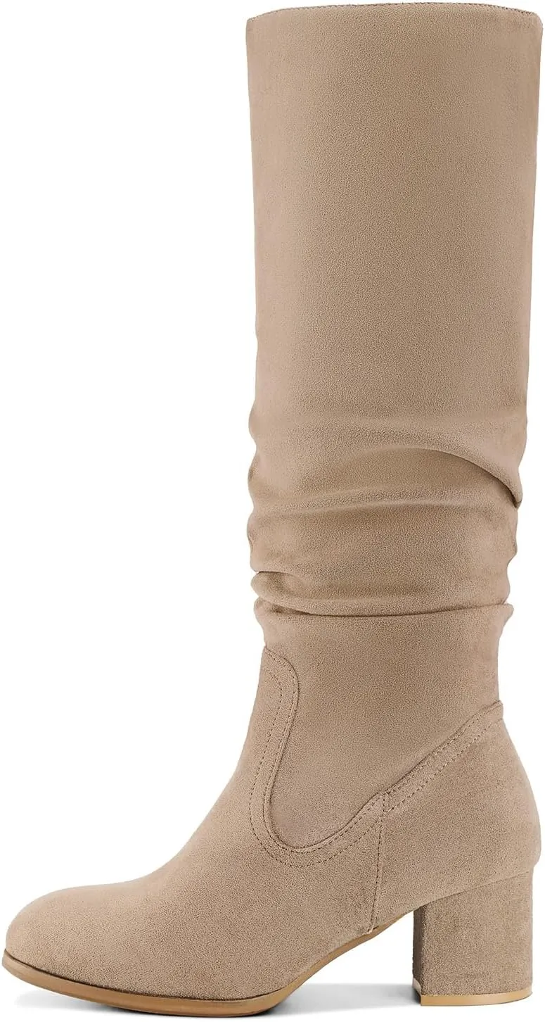 Shoe'N Tale Women's Knee High Boots Chunky Heel Pointed Toe Suede Slouch Winter Shoes with Side Zipper