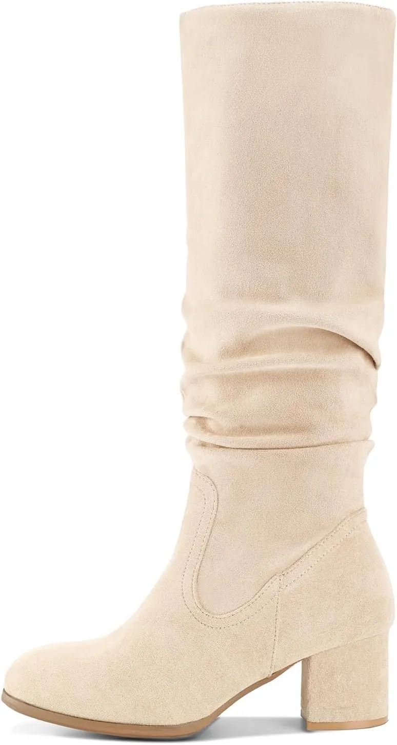Shoe'N Tale Women's Knee High Boots Chunky Heel Pointed Toe Suede Slouch Winter Shoes with Side Zipper