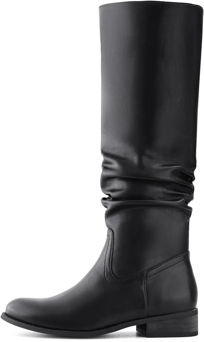 Shoe'N Tale Women's Knee High Boots Flat Low Heel Slouch Pointed Toe Winter Shoes with Side Zipper