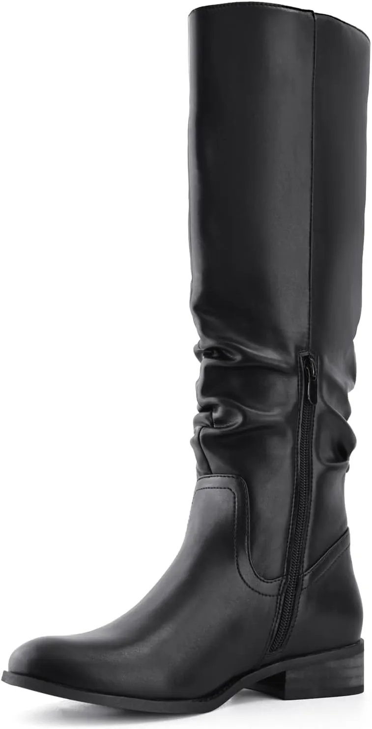 Shoe'N Tale Women's Knee High Boots Flat Low Heel Slouch Pointed Toe Winter Shoes with Side Zipper
