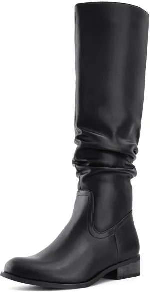 Shoe'N Tale Women's Knee High Boots Flat Low Heel Slouch Pointed Toe Winter Shoes with Side Zipper