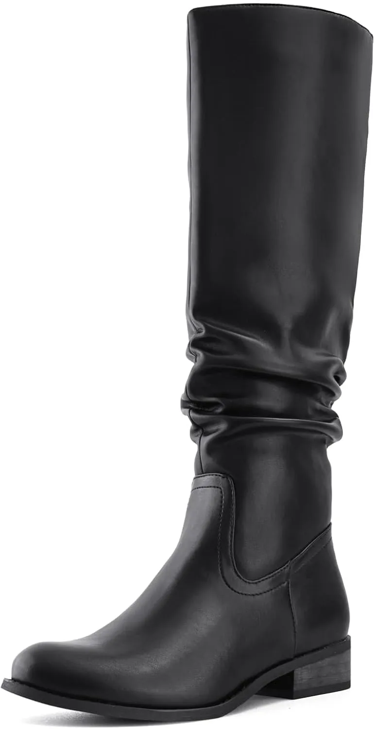 Shoe'N Tale Women's Knee High Boots Flat Low Heel Slouch Pointed Toe Winter Shoes with Side Zipper