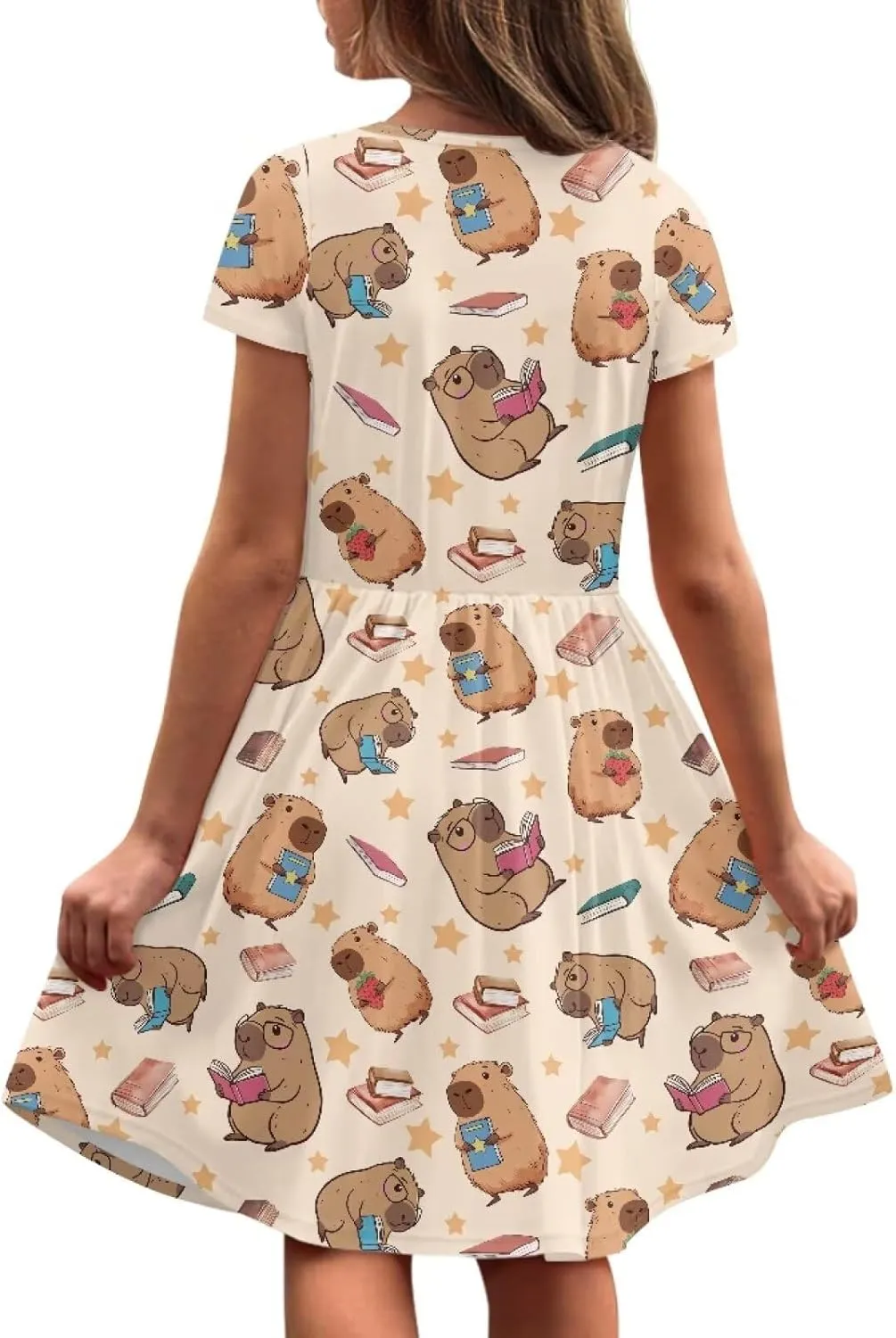 Short Sleeve Dresses for Girls School Dress with Pockets Twirly Skater Dress for 3-14 Years Old