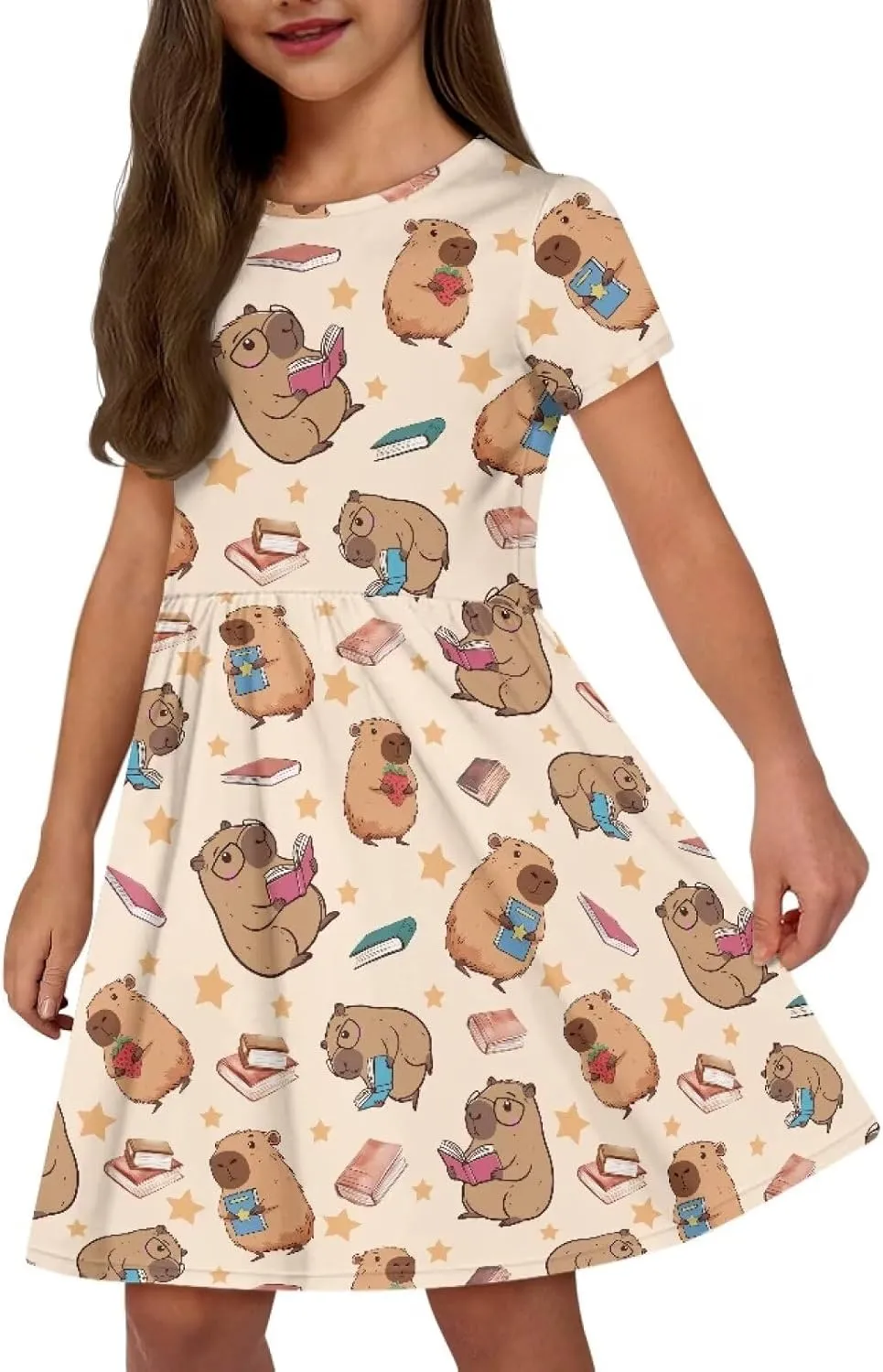 Short Sleeve Dresses for Girls School Dress with Pockets Twirly Skater Dress for 3-14 Years Old