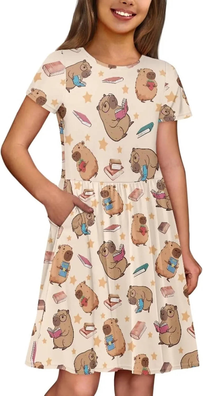 Short Sleeve Dresses for Girls School Dress with Pockets Twirly Skater Dress for 3-14 Years Old