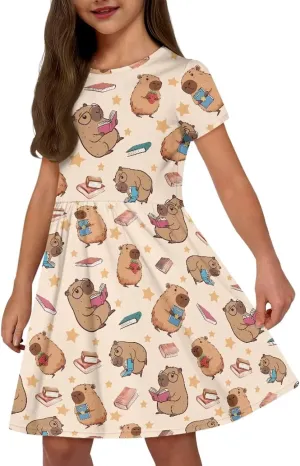 Short Sleeve Dresses for Girls School Dress with Pockets Twirly Skater Dress for 3-14 Years Old