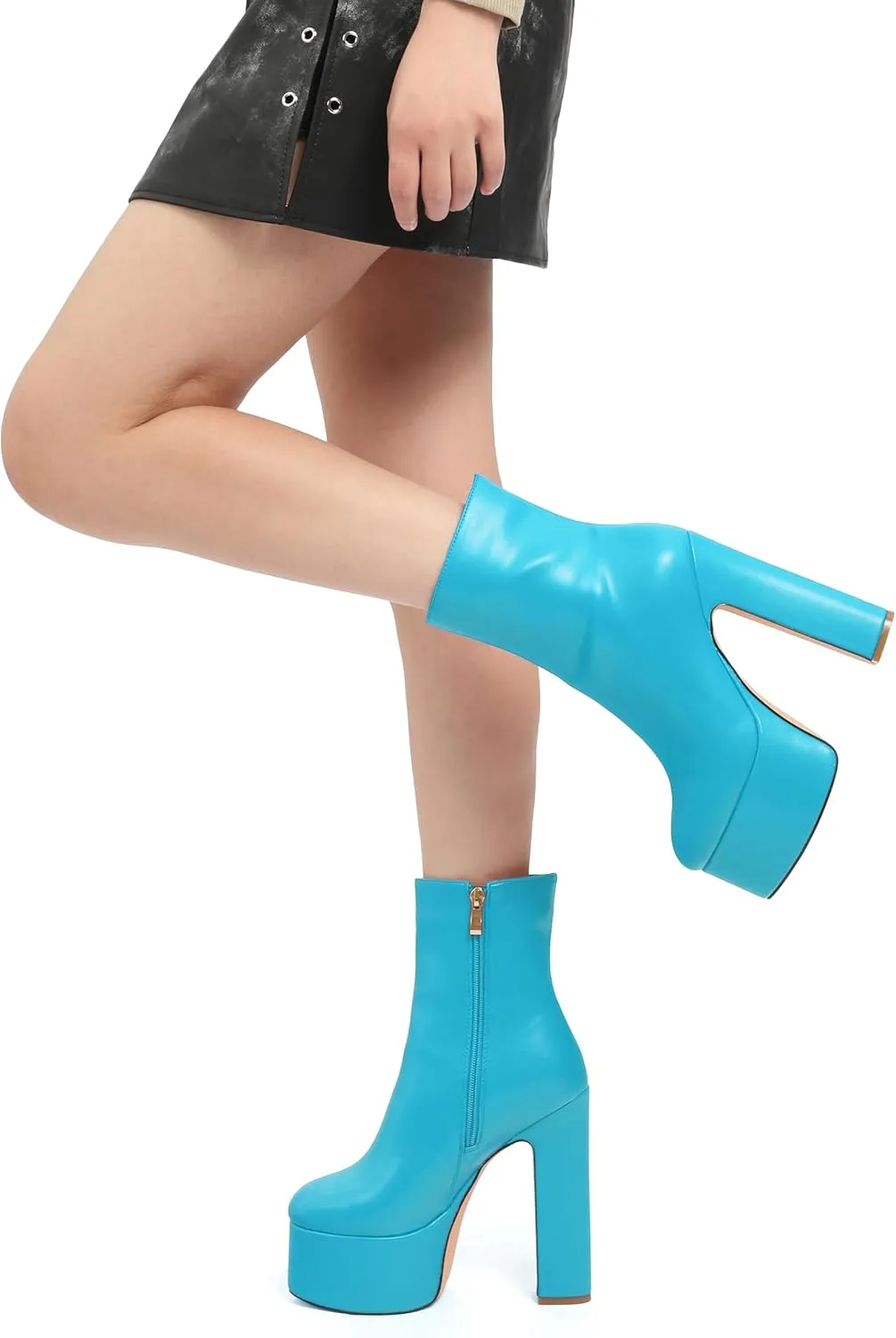 SHOWFOREST Platform Ankle Boots for Women Block High Heel Round Toe 5.9 Inch Short Booties Side Zipper Fashion Wedding Evening Party Fall Shoes