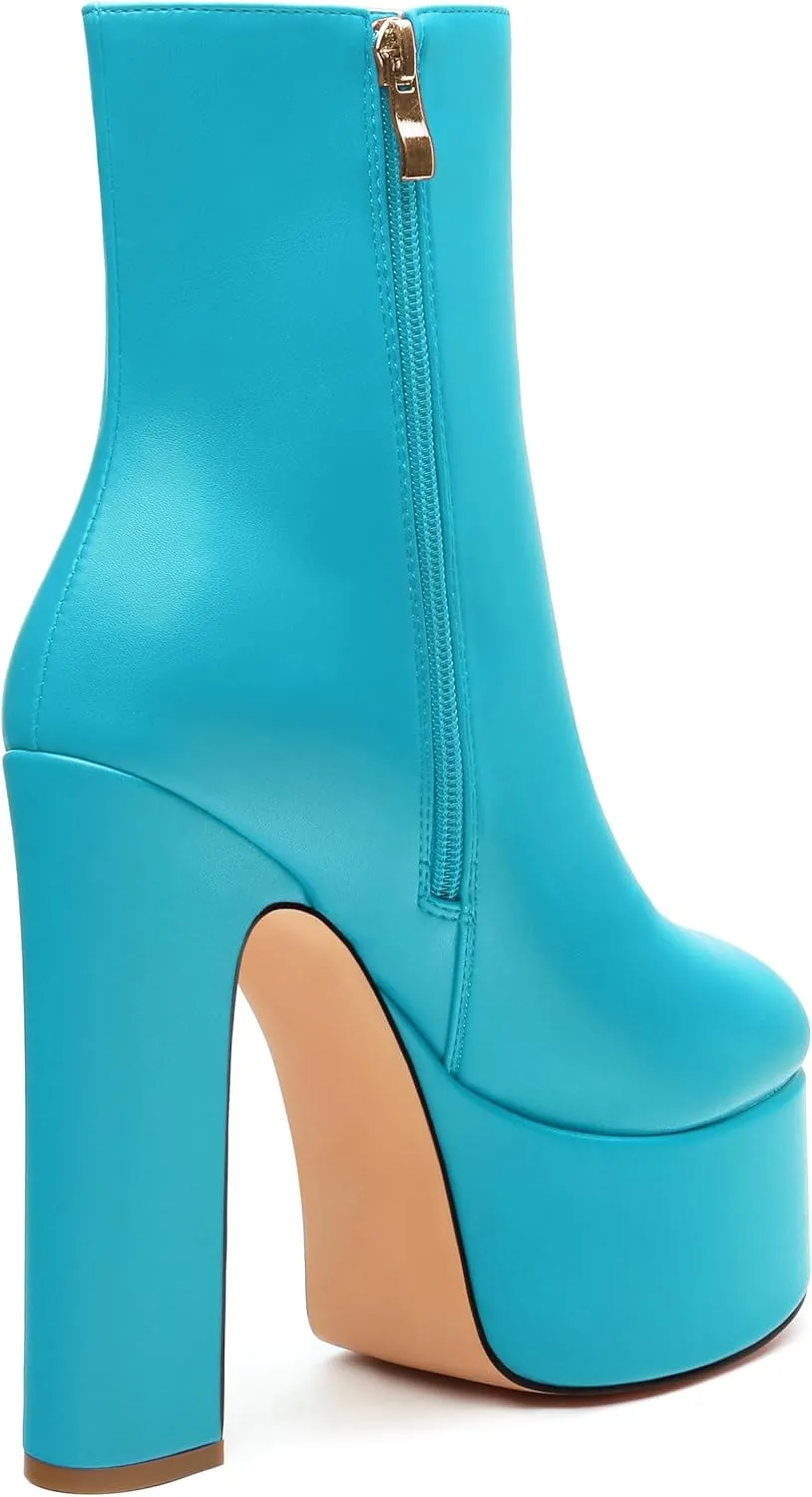 SHOWFOREST Platform Ankle Boots for Women Block High Heel Round Toe 5.9 Inch Short Booties Side Zipper Fashion Wedding Evening Party Fall Shoes